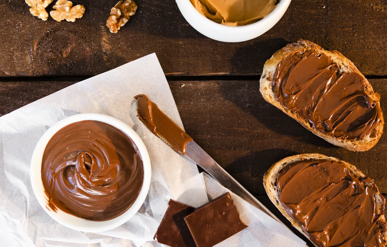 Фото обои шоколад, хлеб, нож, орехи, паста, шоколадная паста