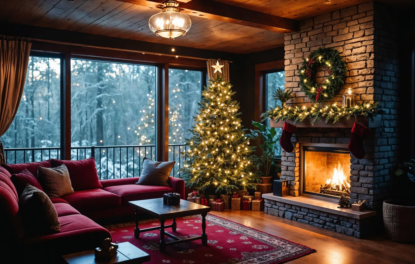 Фото обои комната, елка, интерьер, Рождество, Новый год, камин, Christmas, view