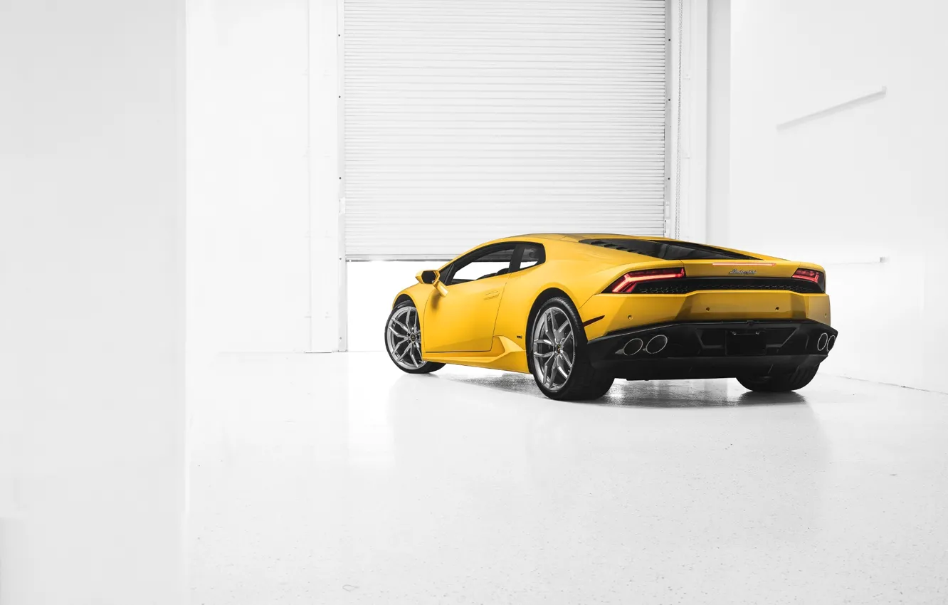 Фото обои Lamborghini, Car, Yellow, Photo, Supercar, 2014, Rear, Huracan