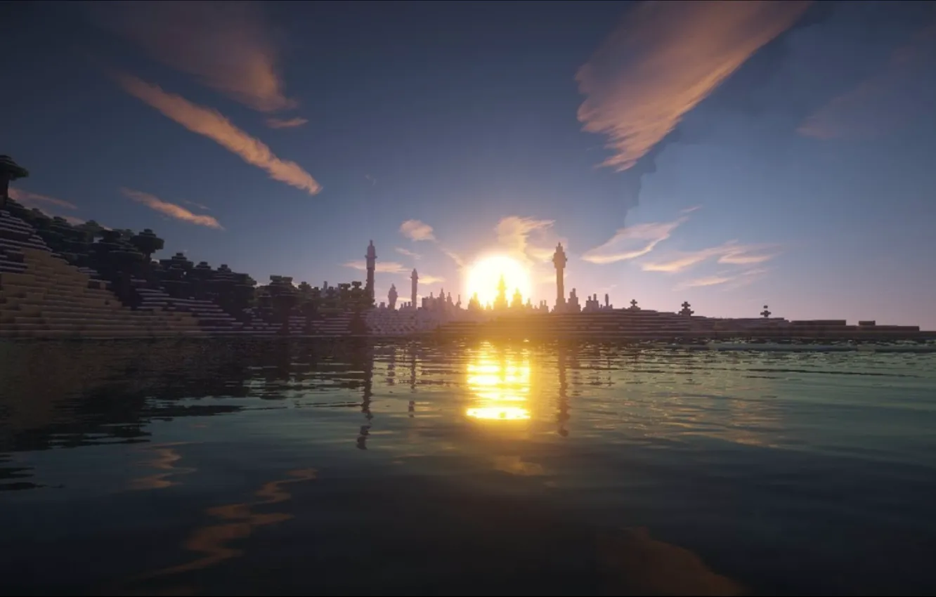 Фото обои небо, вода, облака, деревья, берег, башня, залив, minecraft