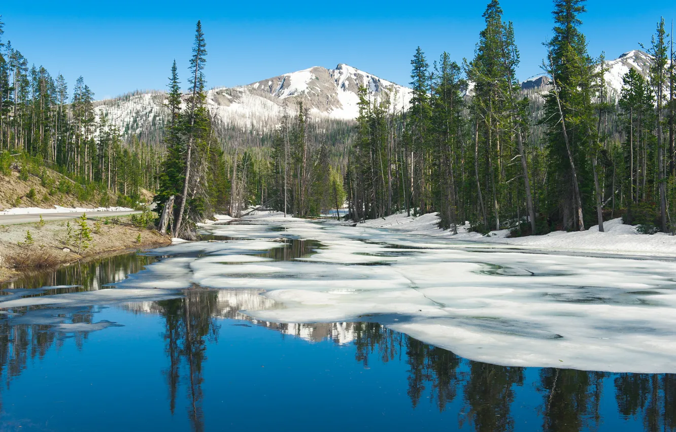 Фото обои лед, небо, снег, деревья, горы, озеро