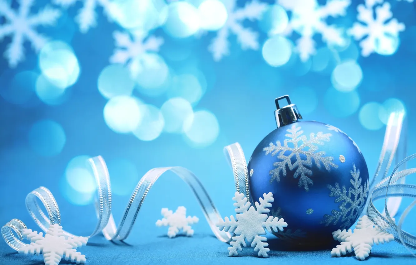 Фото обои снежинки, фон, праздник, Новый Год, лента, картинка, боке, елочная игрушка