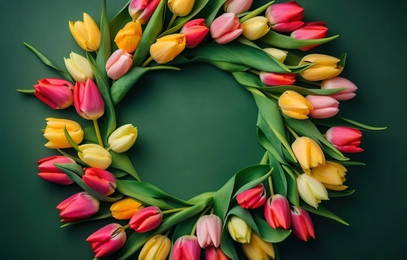 Фото обои цветы, colorful, тюльпаны, венок, flowers, tulips, spring, wreath