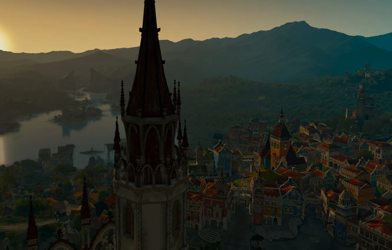 Фото обои закат, озеро, Франция, башня, дома, Боклер, The Witcher 3: Blood and Wine