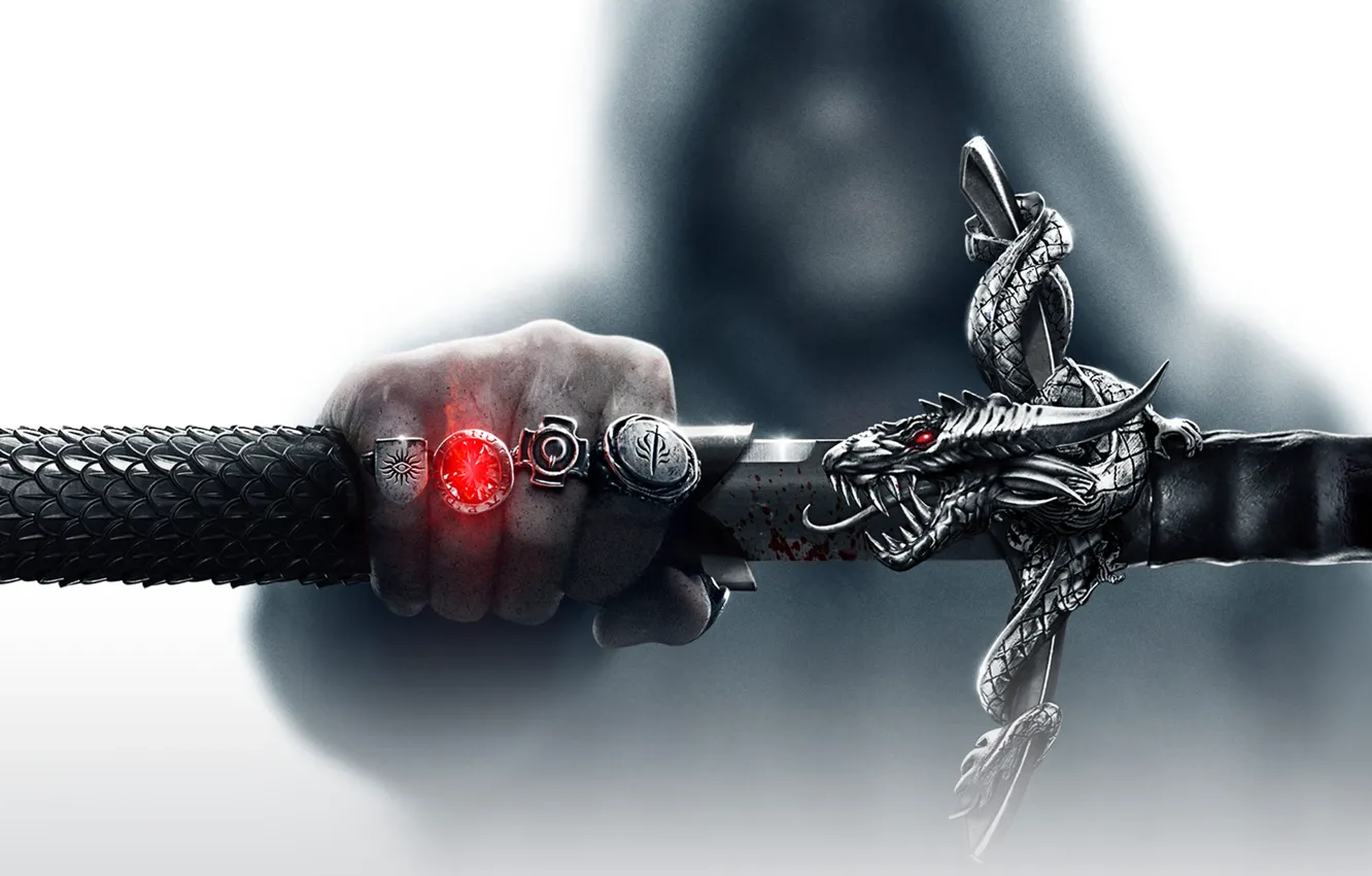 Фото обои магия, дракон, рука, меч, капюшон, рукоять, Electronic Arts, Bioware