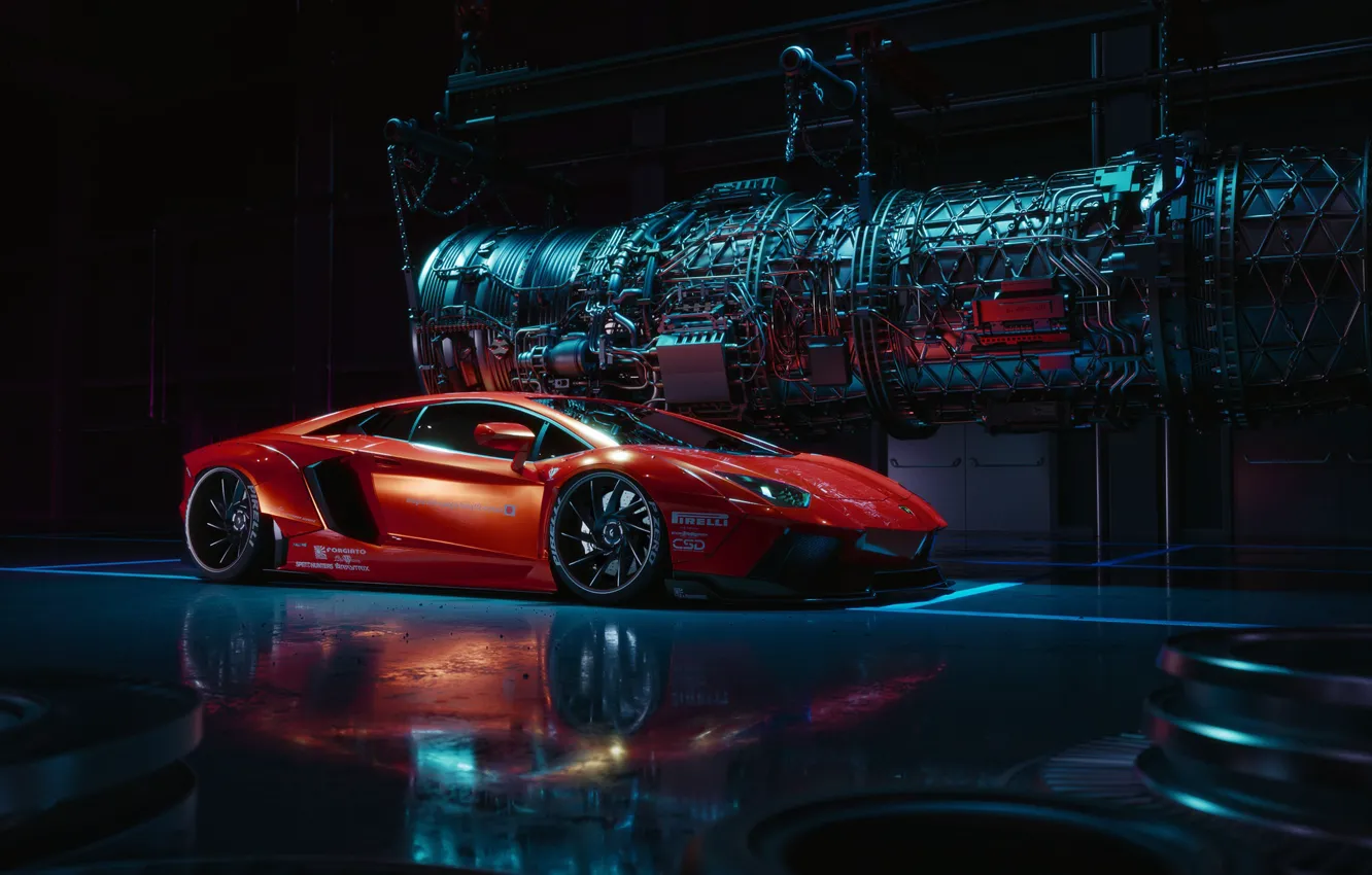 Фото обои Lamborghini, Red, Front, LP700-4, Aventador, Liberty Walk