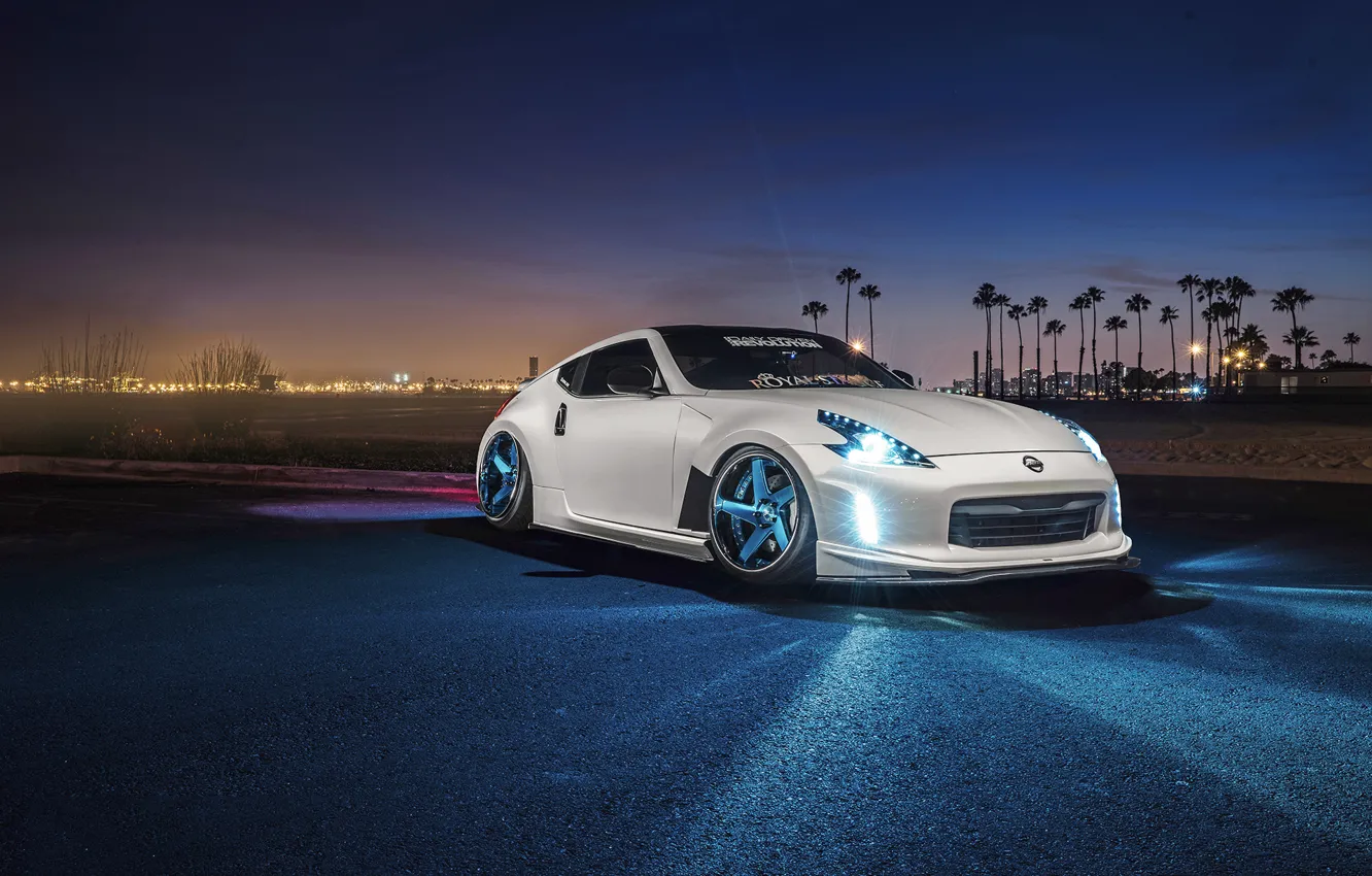 Фото обои Nissan, Front, Night, White, 370Z, Stance, Garage, Avant