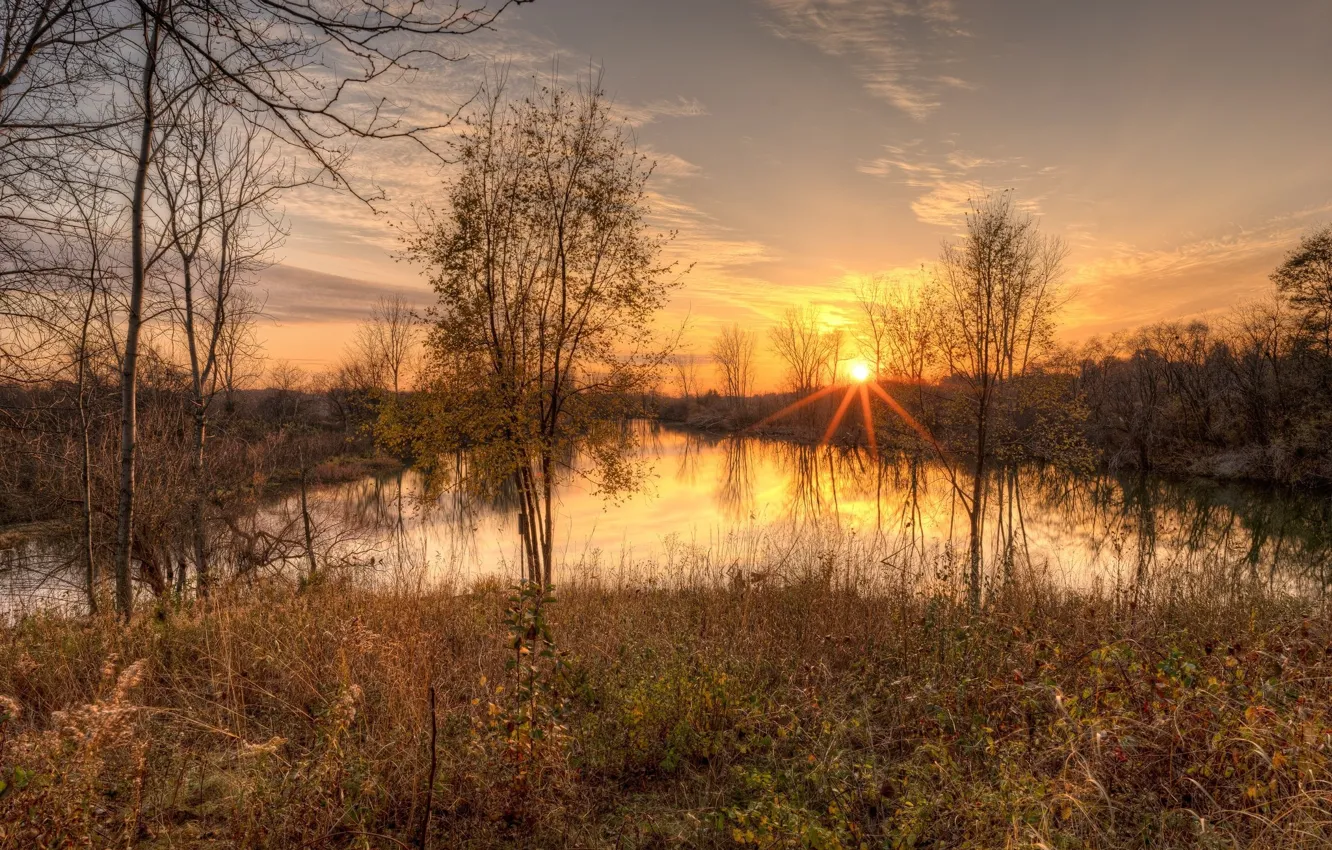 Фото обои осень, пейзаж, закат, природа, озеро, красота