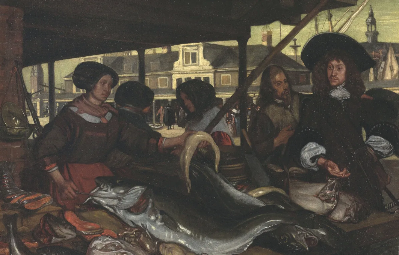 Фото обои рыба, рынок, кишки, Emanuel de Witte, in Amsterdam, 1655, The New Fishmarket