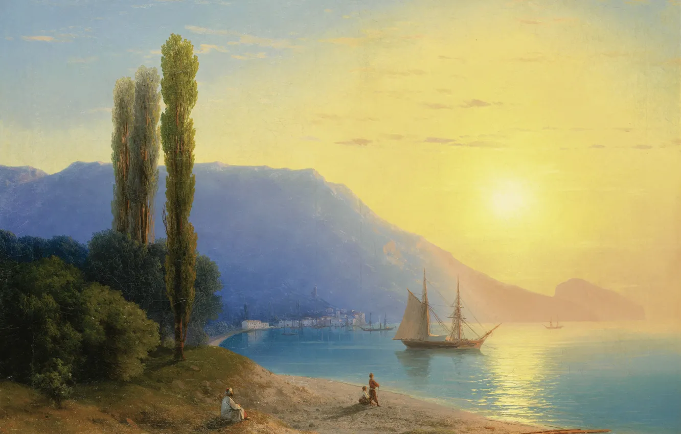 Фото обои море, пейзаж, горы, корабль, картина, парус, 1861, Иван Айвазовский