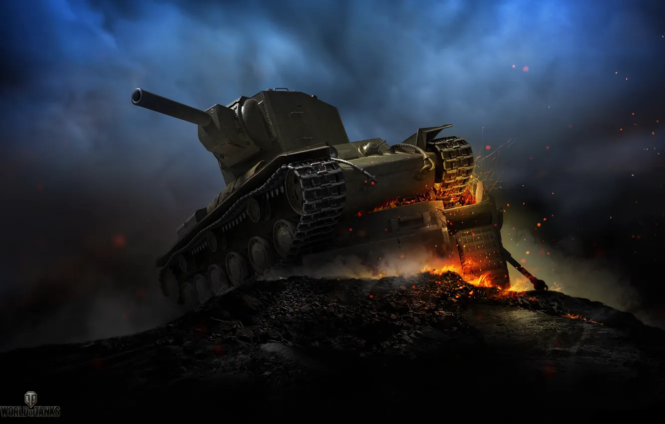 Фото обои ночь, огонь, дым, мощь, арт, искры, танк, броня
