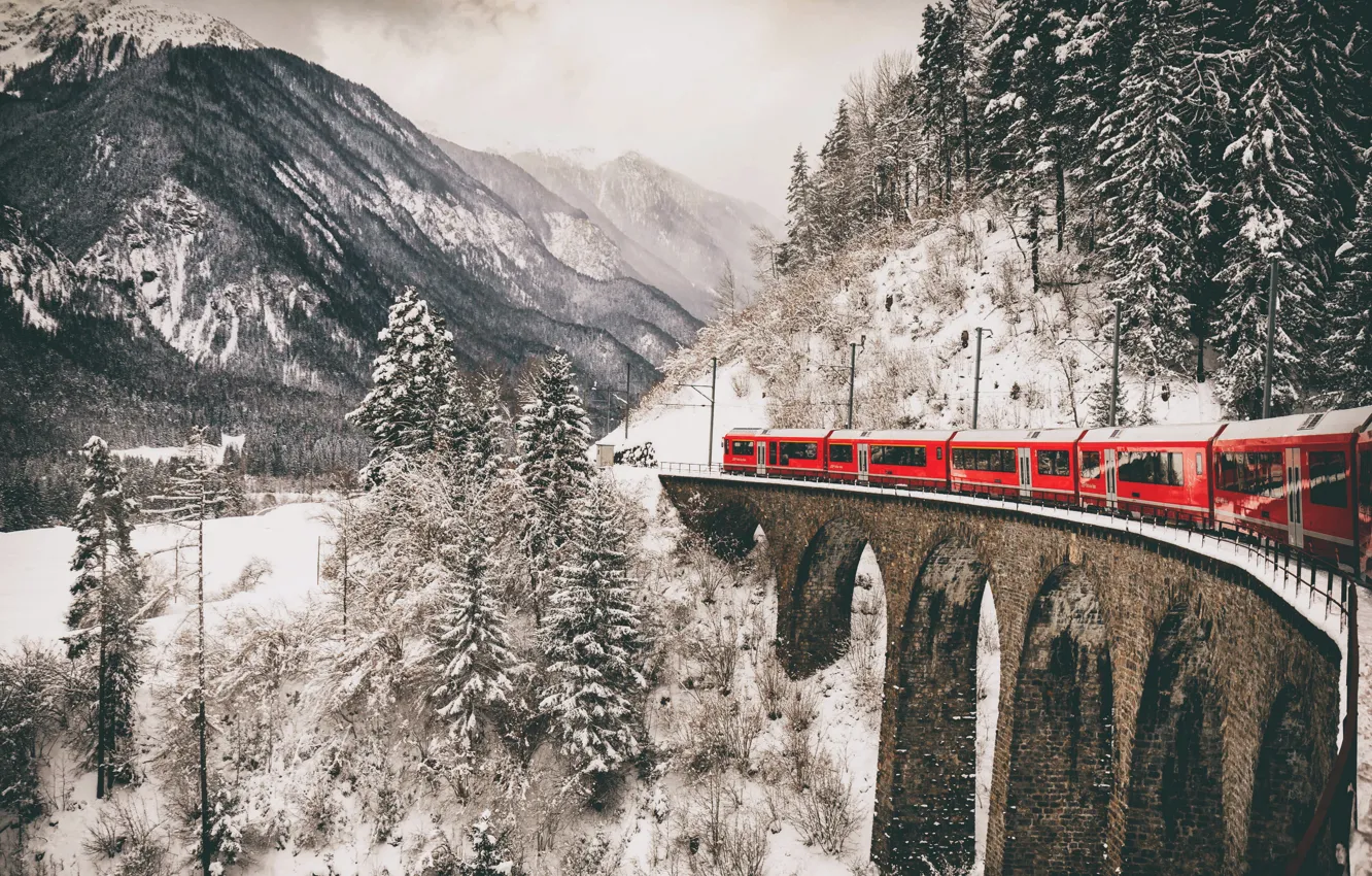 Фото обои зима, горы, мост, поезд, железная дорога