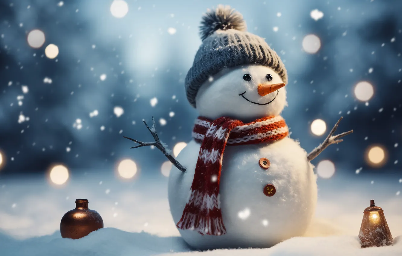 Фото обои зима, снег, Новый Год, Рождество, снеговик, happy, Christmas, night