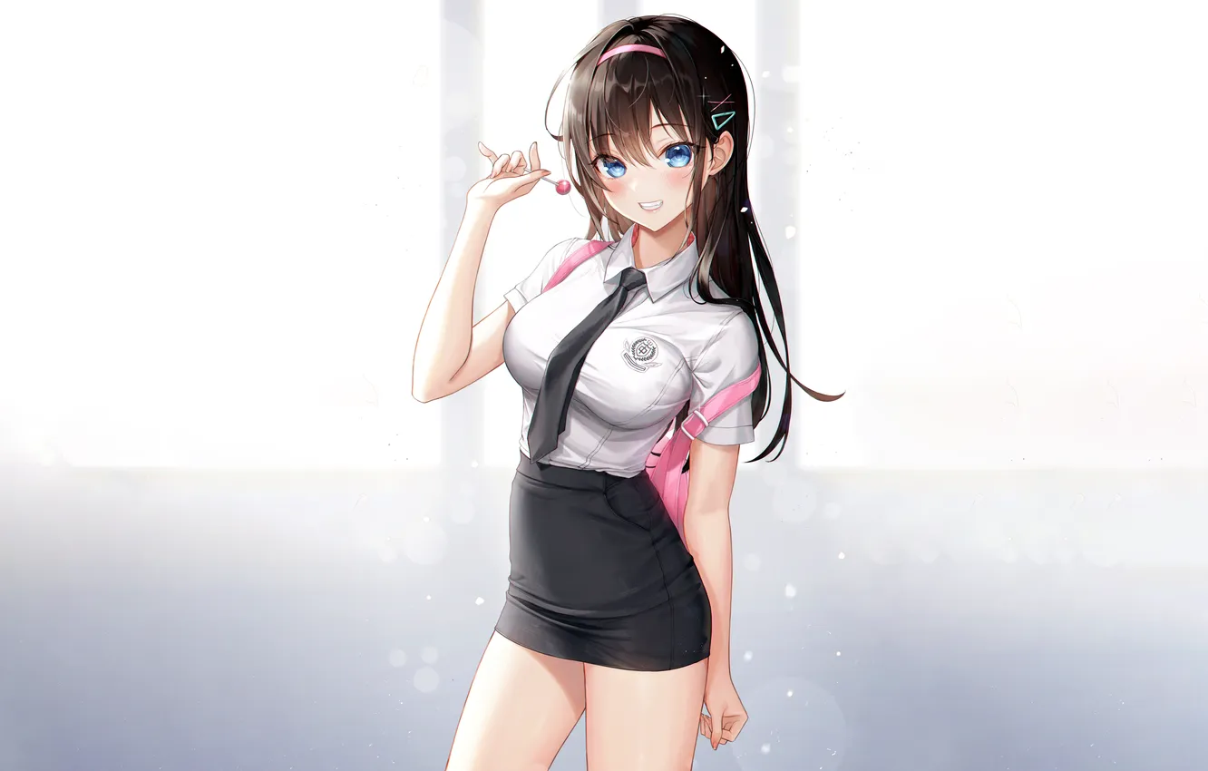 Фото обои girl, sexy, school uniform, long hair, boobs, anime, blue eyes, beautiful