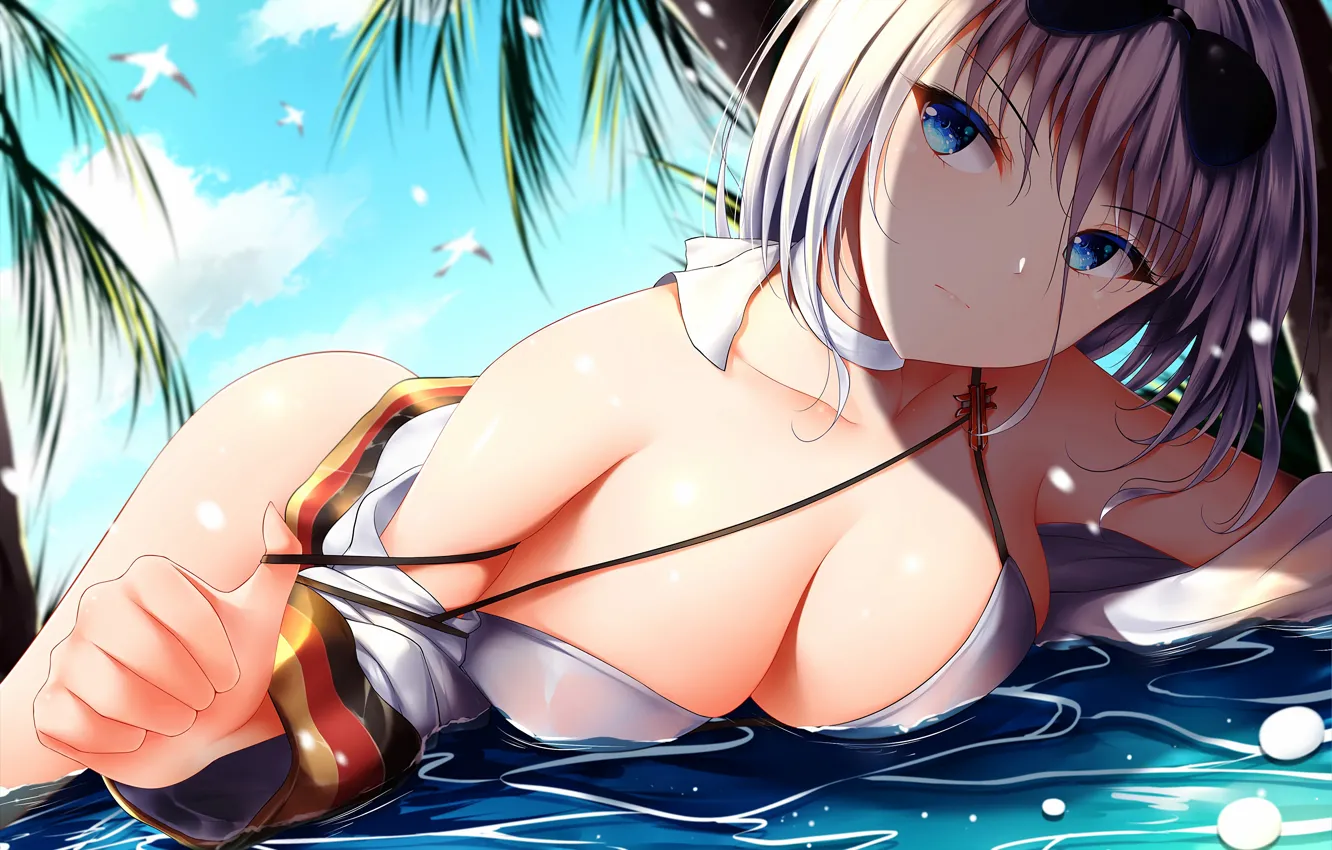 Фото обои girl, sexy, cleavage, beach, sky, sea, boobs, anime