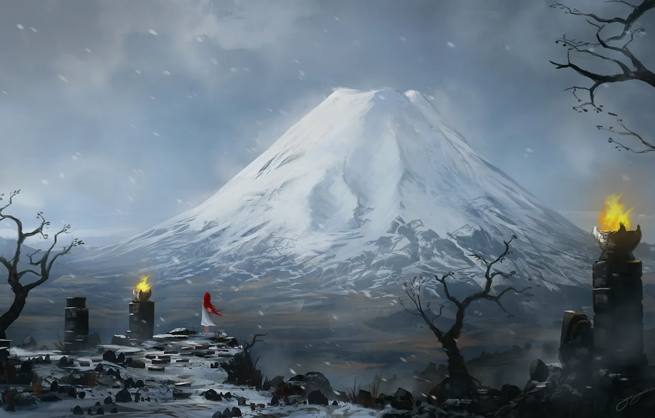 Фото обои девушка, снег, камни, огонь, гора, арт, рыжая, метель