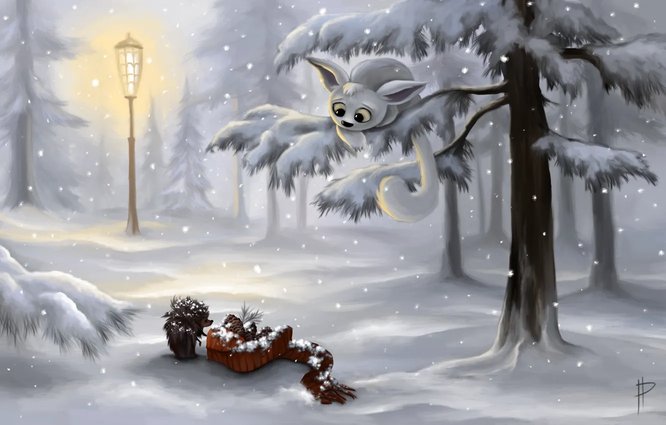 Фото обои зима, лес, снег, деревья, арт, фонарь, шишки, ёжик