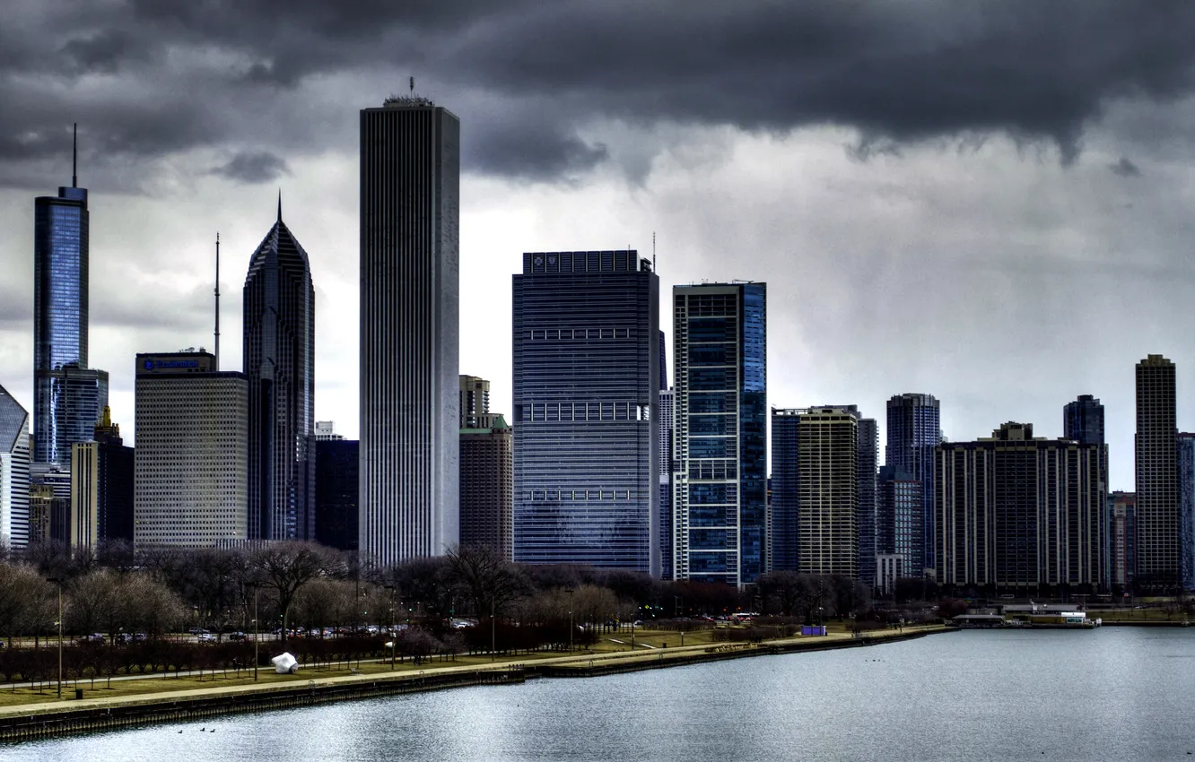 Фото обои тучи, city, небоскребы, америка, чикаго, skyline, chicago