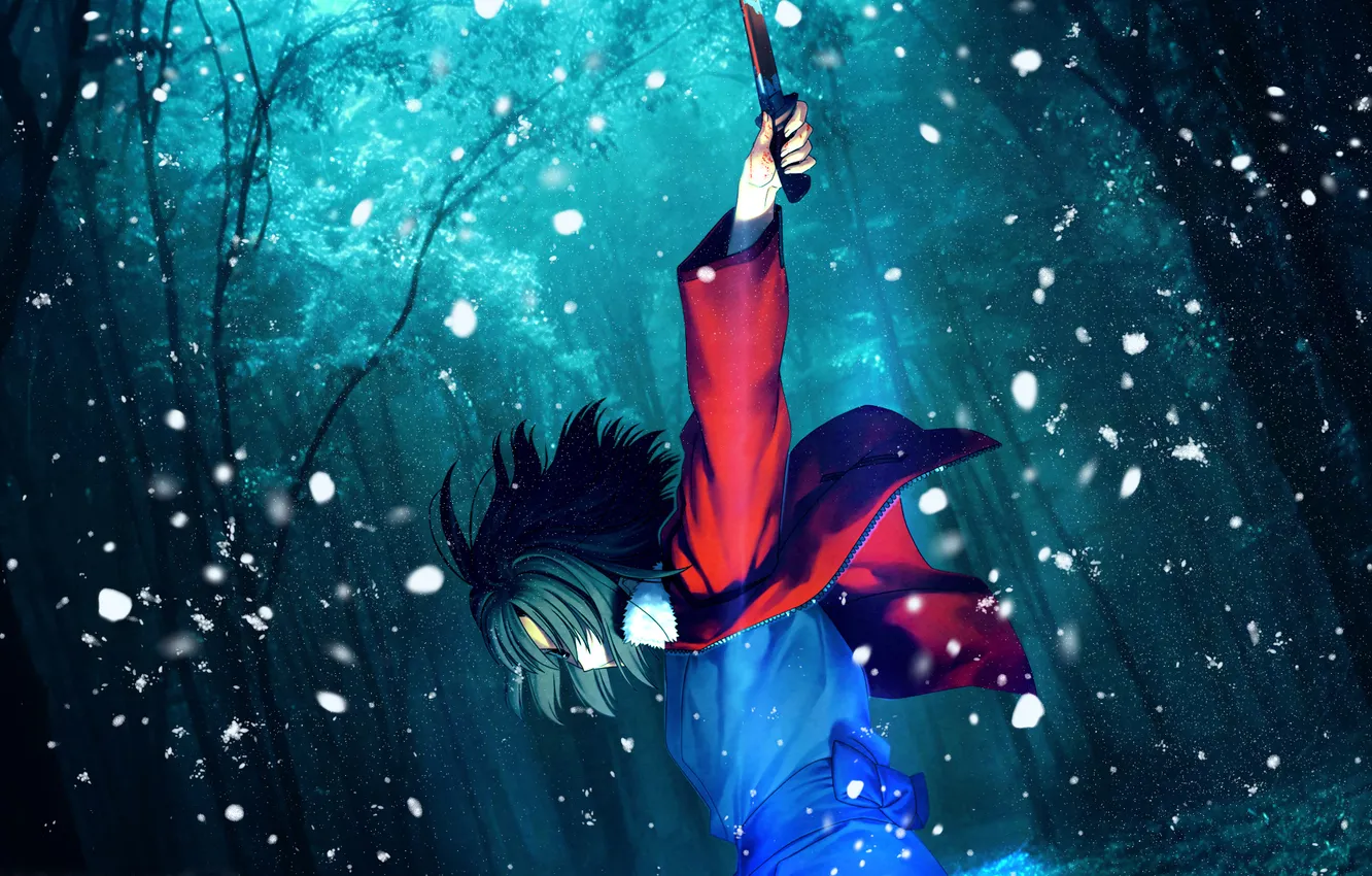 Фото обои лес, девушка, снег, меч, катана, взмах, Kara no Kyoukai, сад грешников