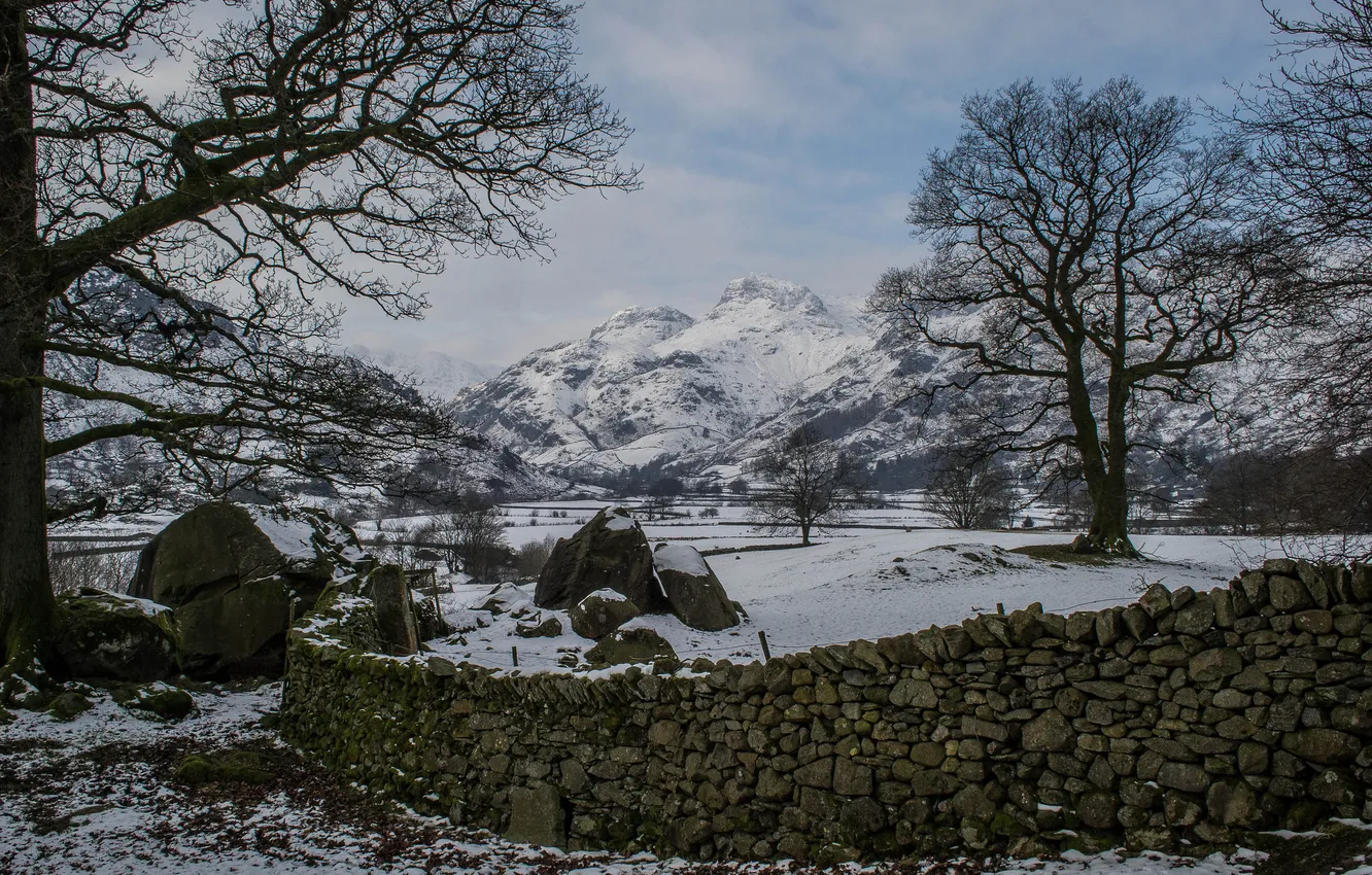 Фото обои зима, небо, снег, деревья, горы, камни, забор