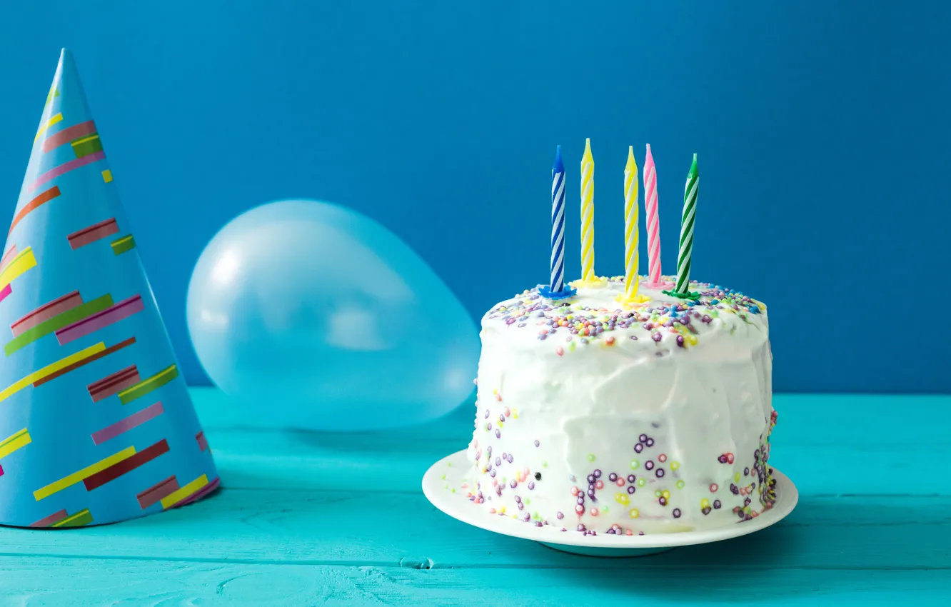 Фото обои фон, праздник, шары, свечи, торт, день рождение