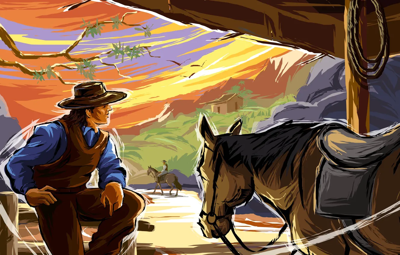 Фото обои горы, лошадь, рисунок, вектор, ковбой, дикий запад