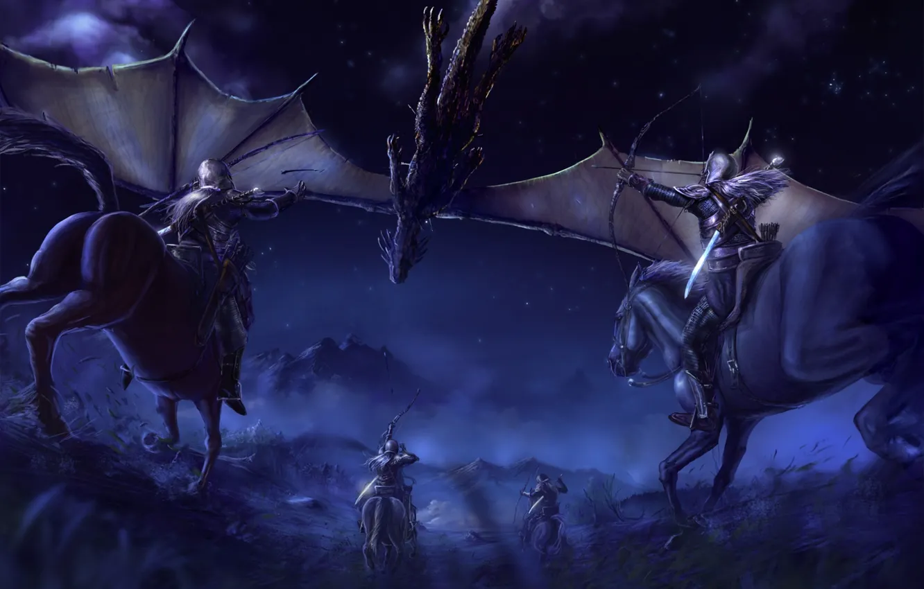 Фото обои горы, ночь, дракон, эльф, кони, звёзды, Властелин Колец, битва