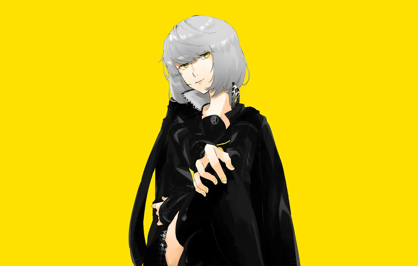 Фото обои взгляд, игра, аниме, арт, Persona 4, жёлтый фон, Персона
