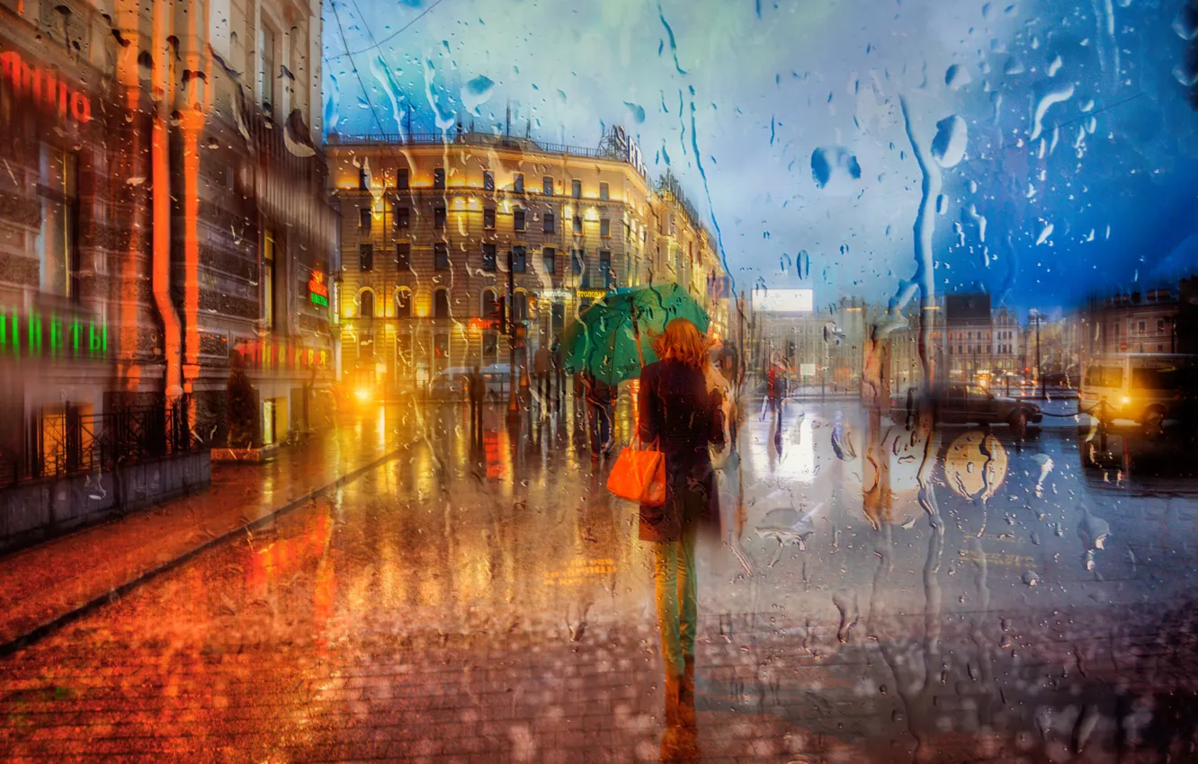 Фото обои девушка, дождь, зонт, Санкт-петербург