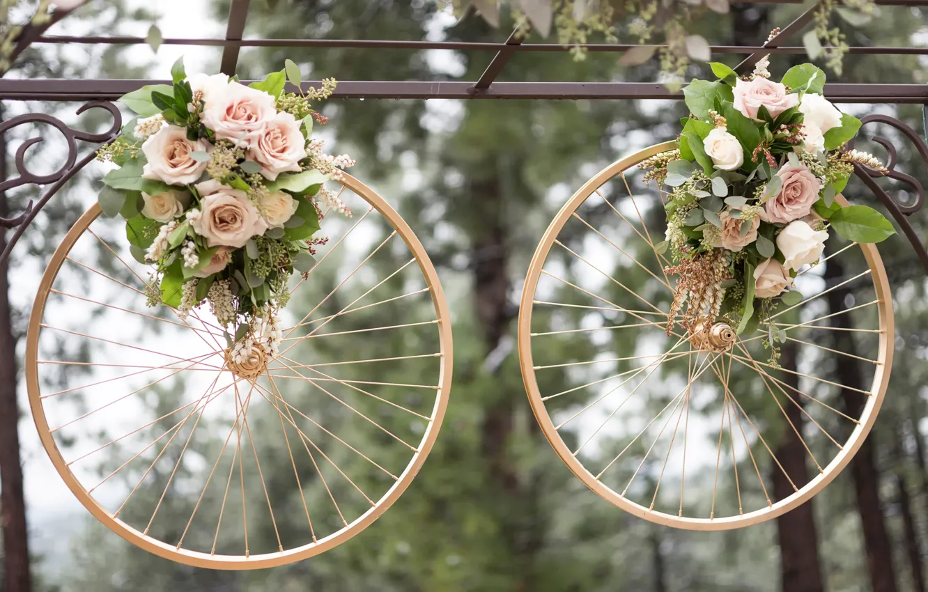 Фото обои кольца, свадьба, колёса, букеты