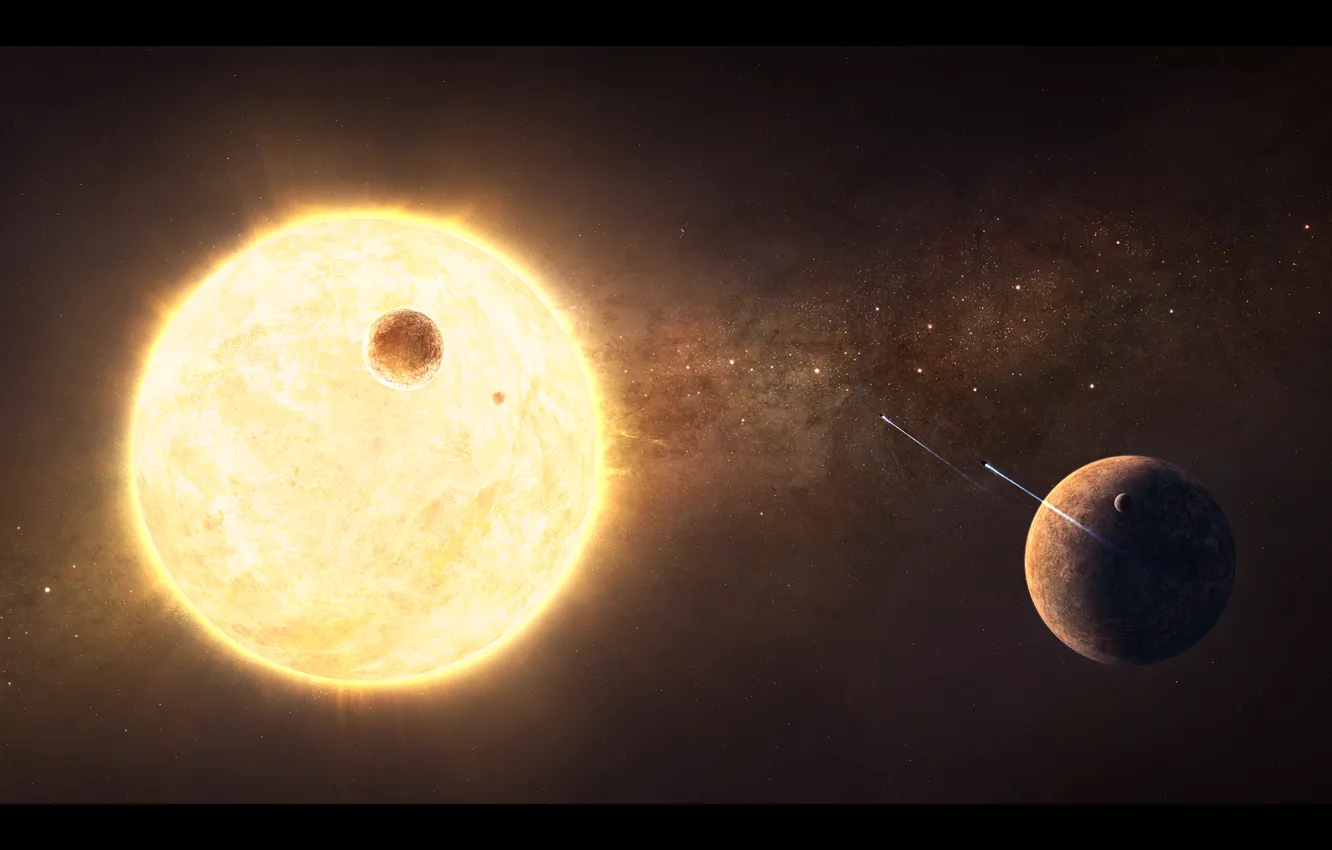 Фото обои звезда, планеты, спутник, звездная система, spaceships