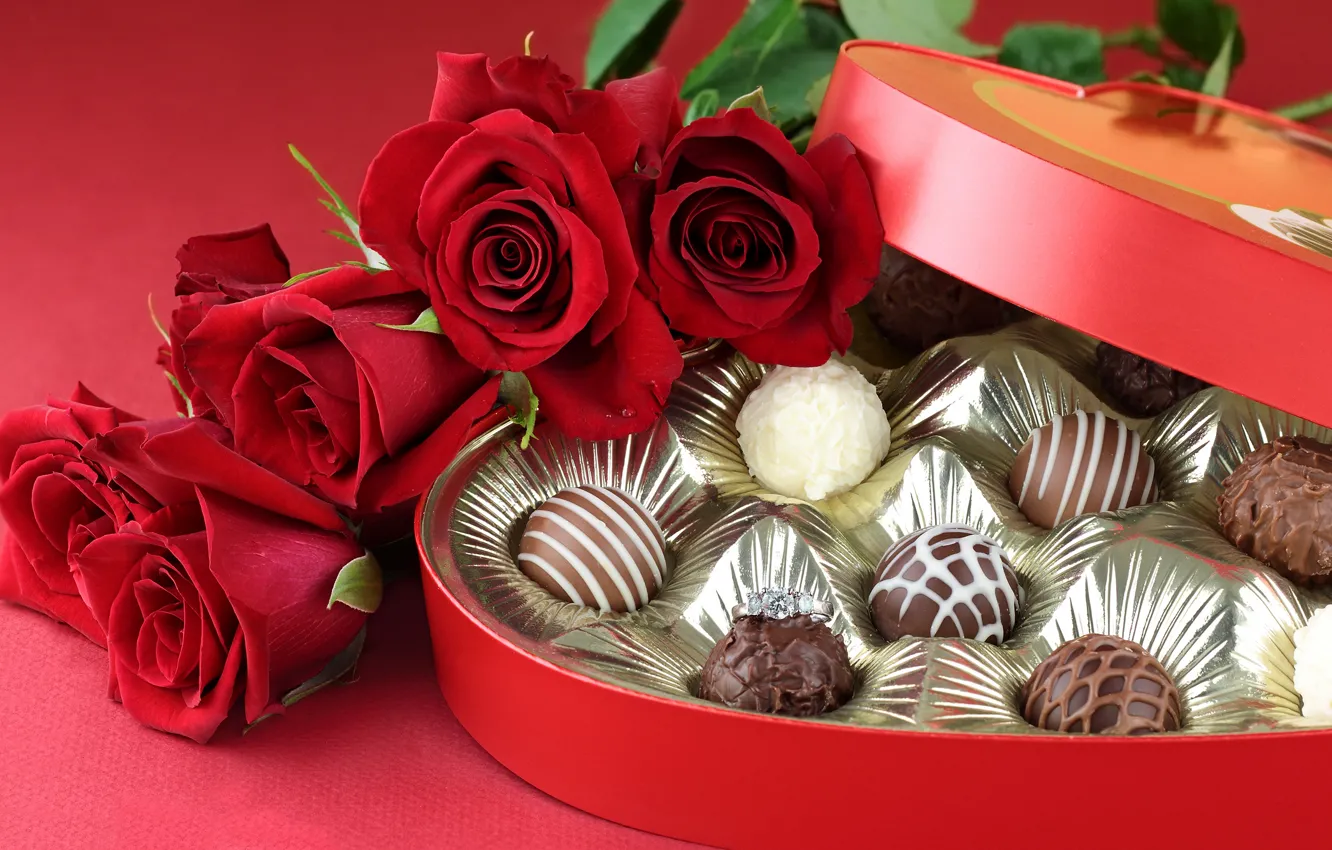 Фото обои капли, цветы, шоколад, красота, букет, colors, конфеты, red