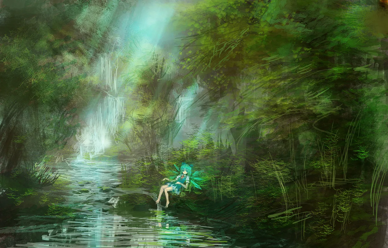 Фото обои лес, девушка, природа, река, водопад, крылья, аниме, арт