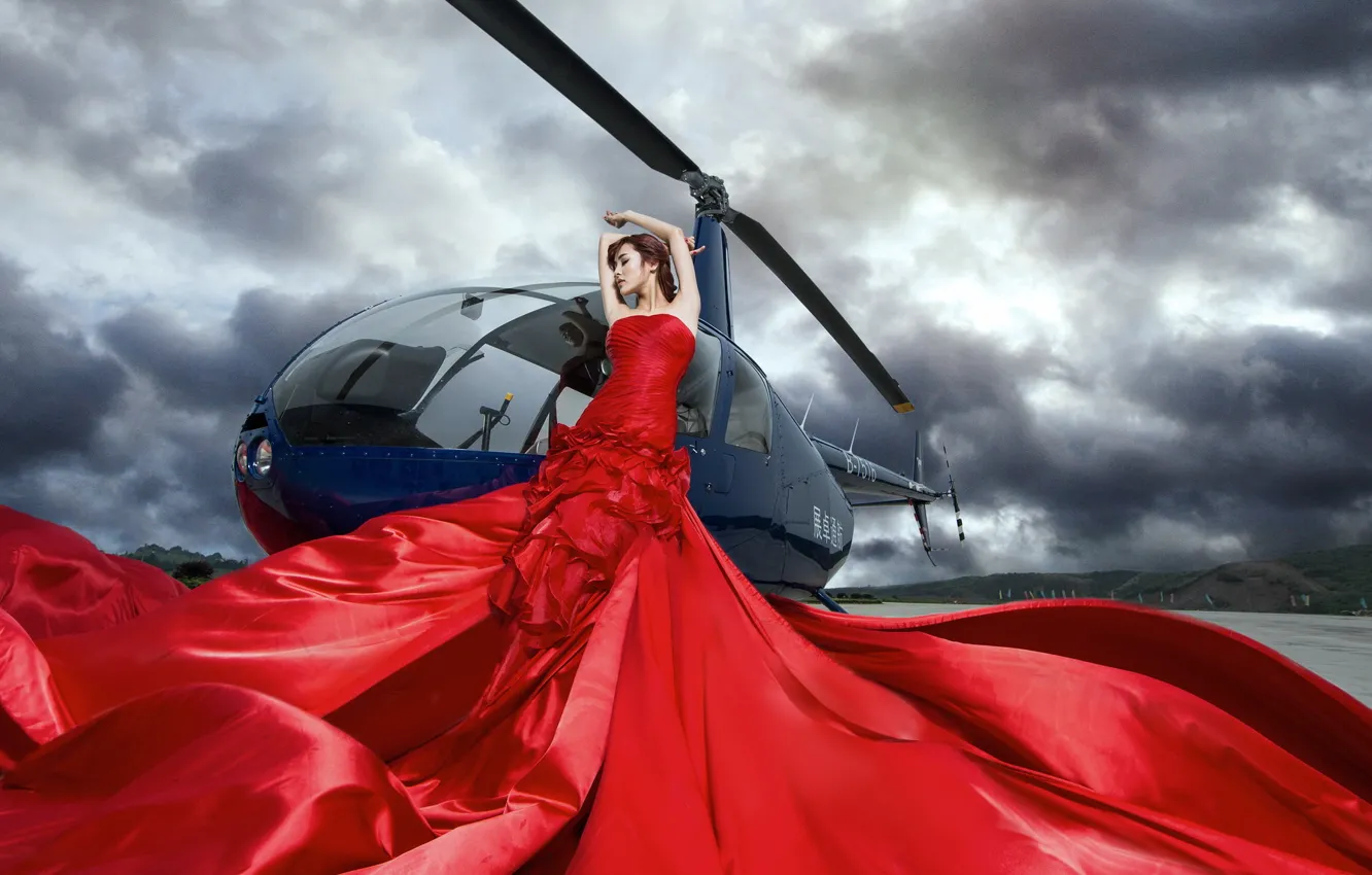 Фото обои девушка, платье, вертолёт