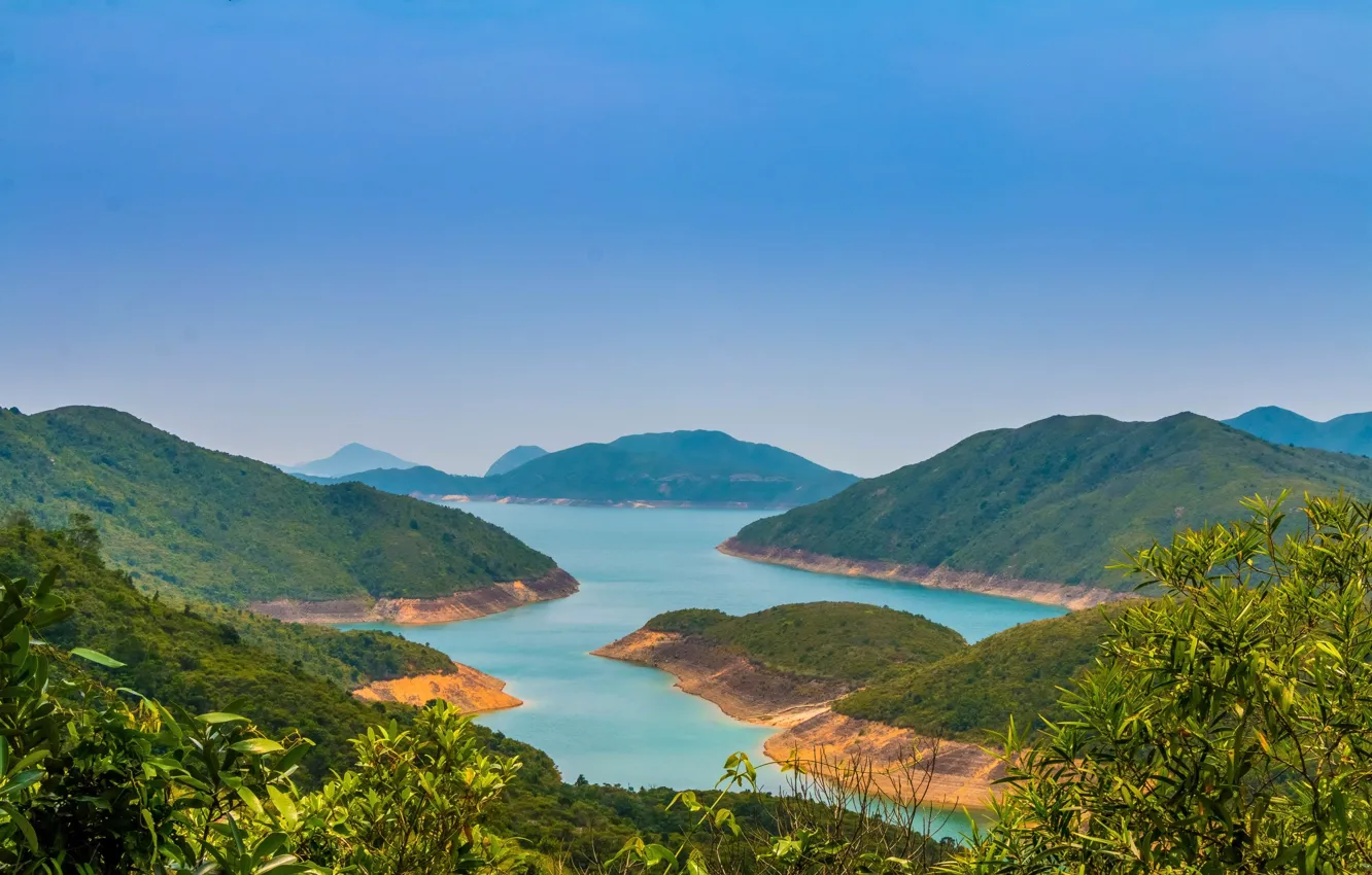 Фото обои лес, горы, река, Гонконг, панорама, Китай, кусты, Sai Kung Country Park