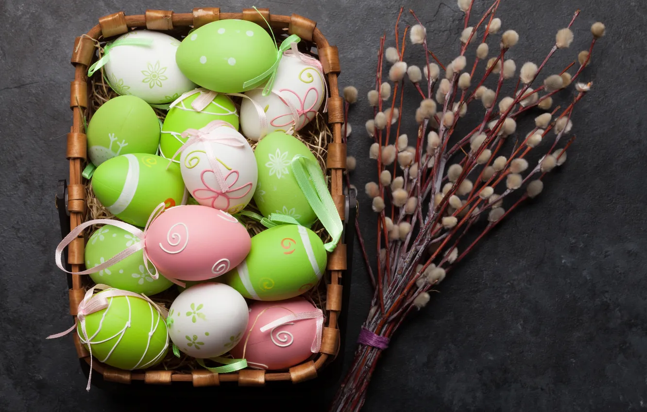 Фото обои яйца, весна, colorful, Пасха, happy, wood, верба, spring