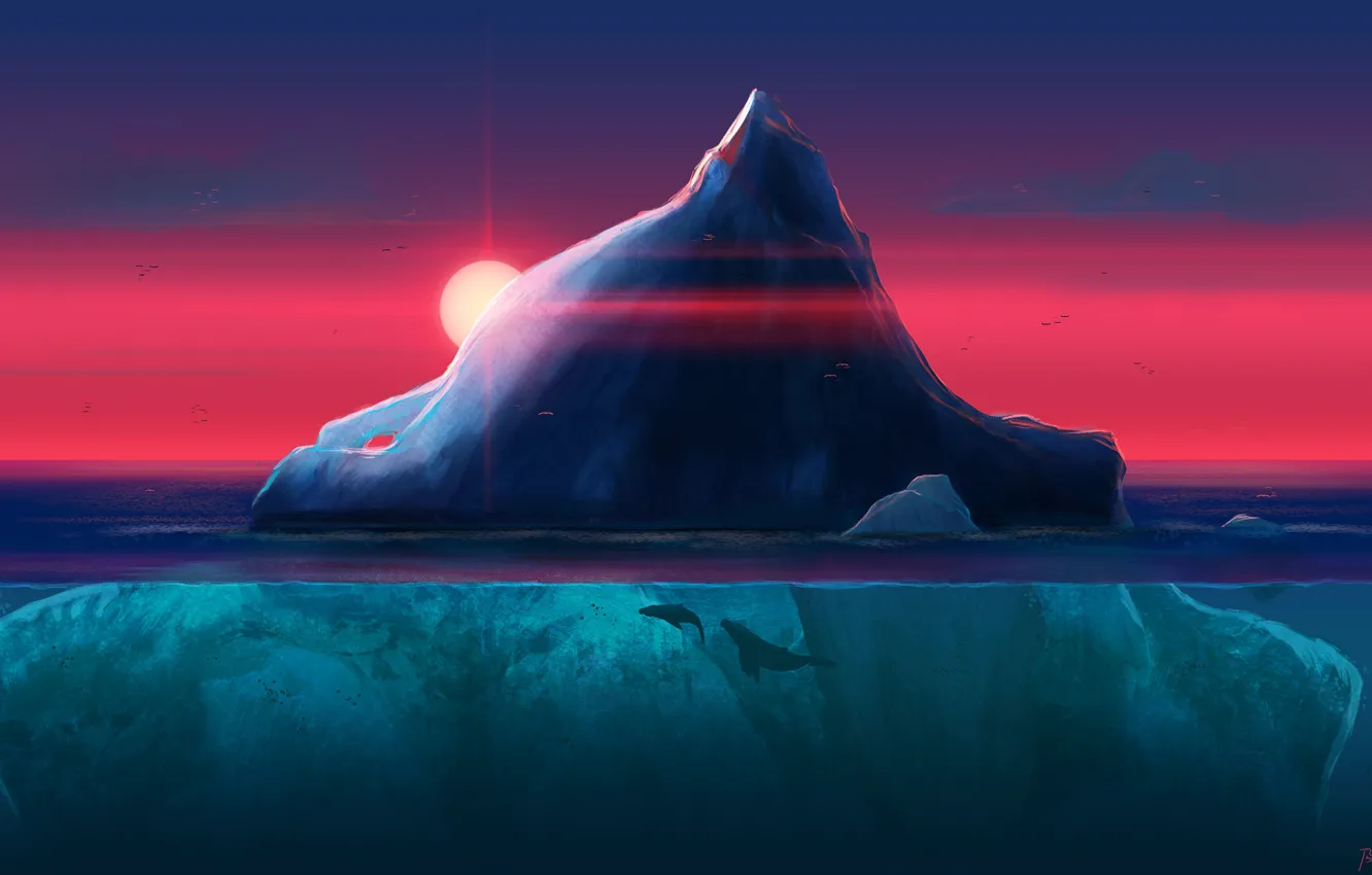 Фото обои море, айсберг, киты