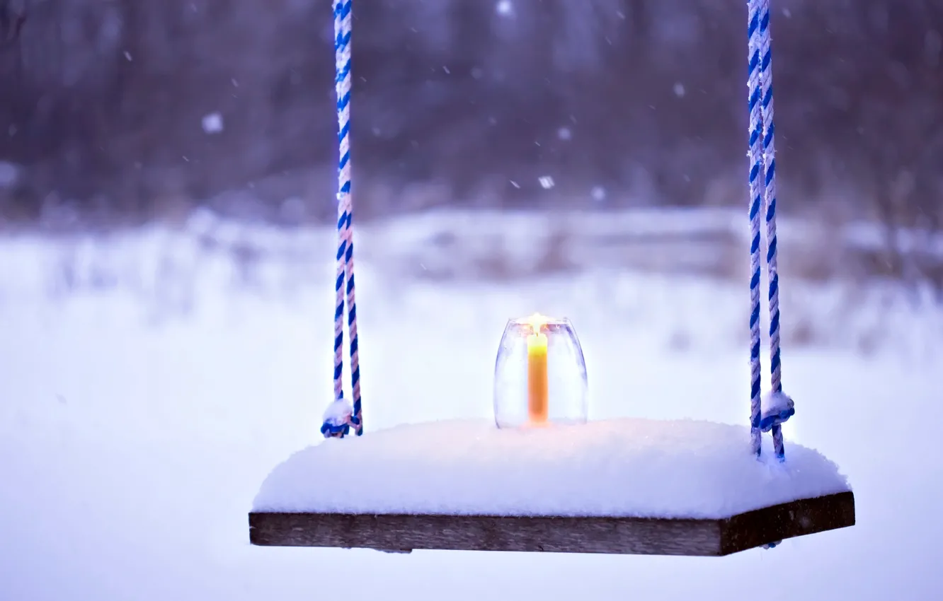 Фото обои холод, зима, снег, скамейка, фон, обои, настроения, свеча