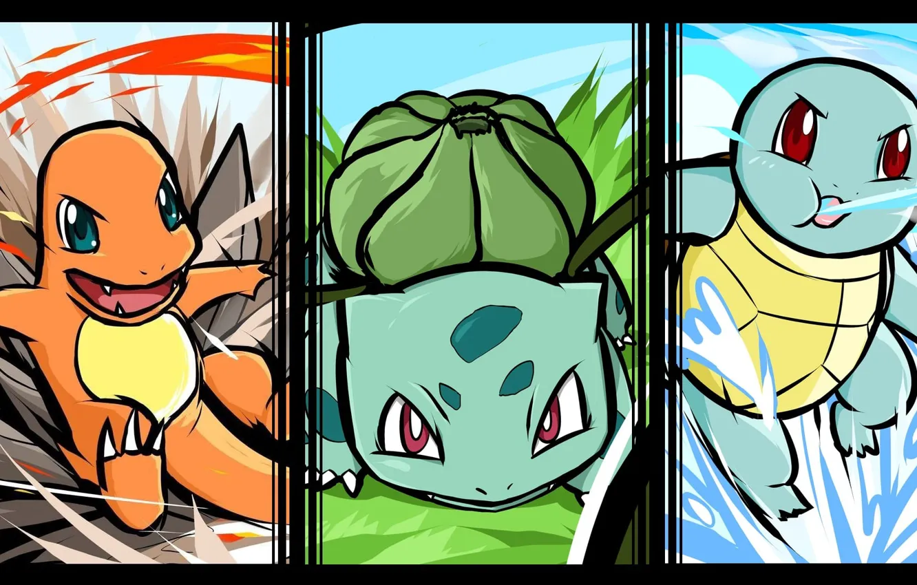 Фото обои покемон, pokemon, Charmander, Squirtle, сквиртл, Bulbasaur, чармандер, бульбасавр