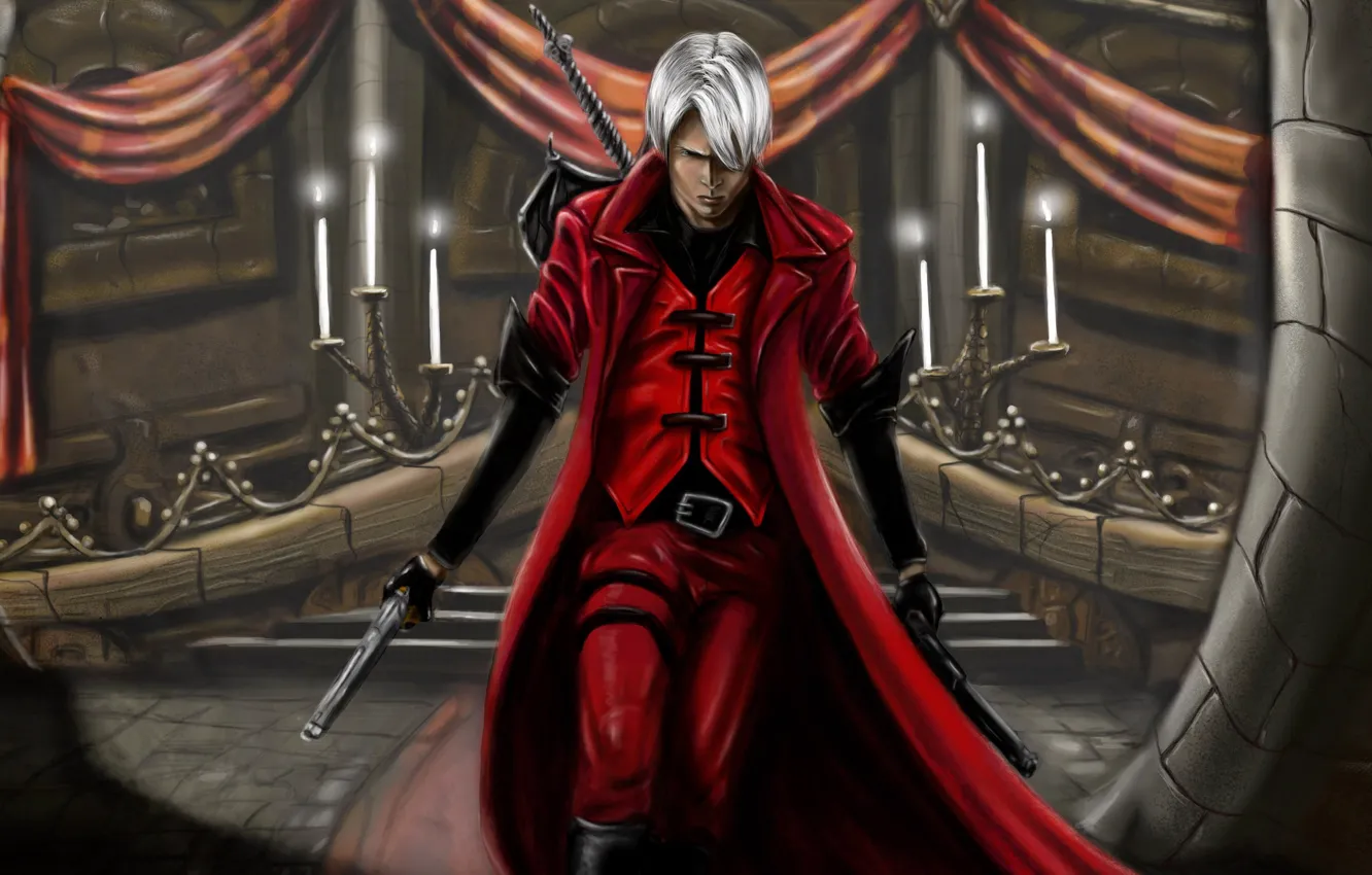 Фото обои пистолеты, меч, свечи, sword, зал, охотник, Dante, красный плащ
