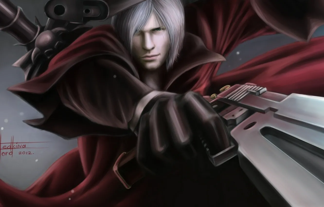 Фото обои пистолеты, меч, Dante, DMC, красный плащ, Данте, game wallpapers, фанарт