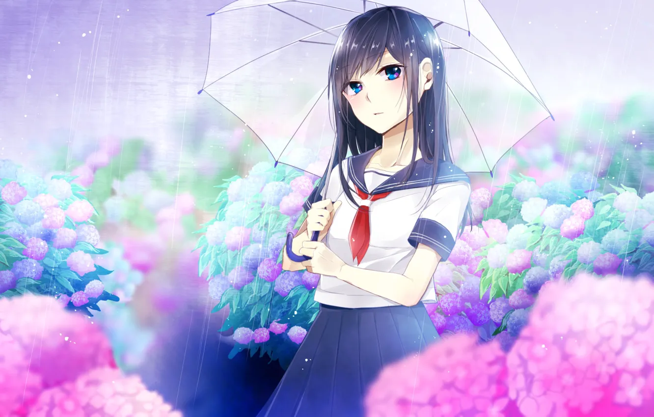 Фото обои девушка, цветы, дождь, зонт, гортензия