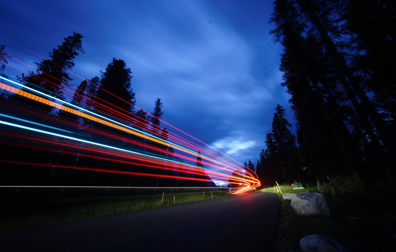 Фото обои дорога, лес, небо, облака, ночь, forest, road, sky