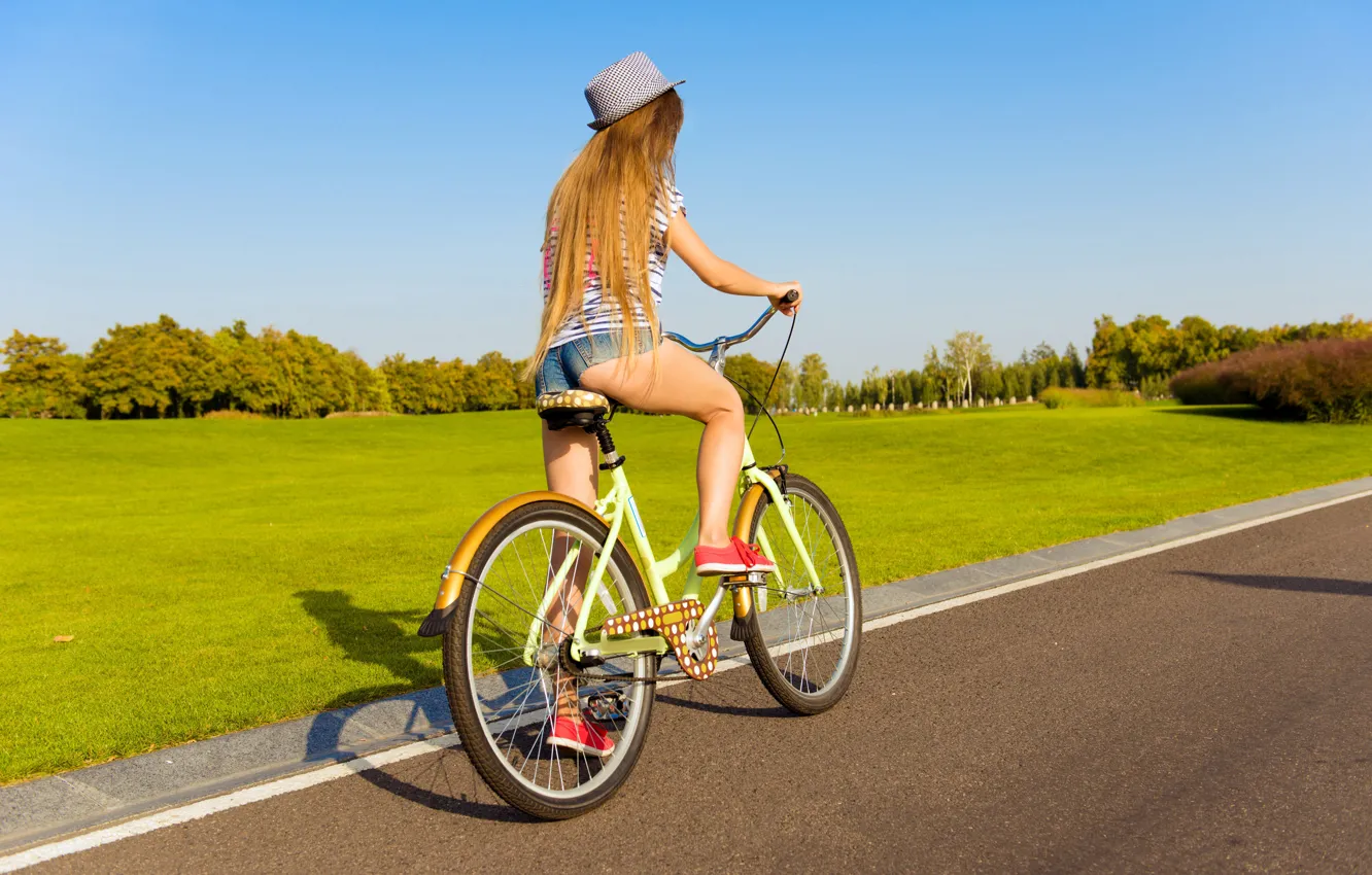 Фото обои Girl, grass, bicycle, road, shorts, sky, long hair, legs
