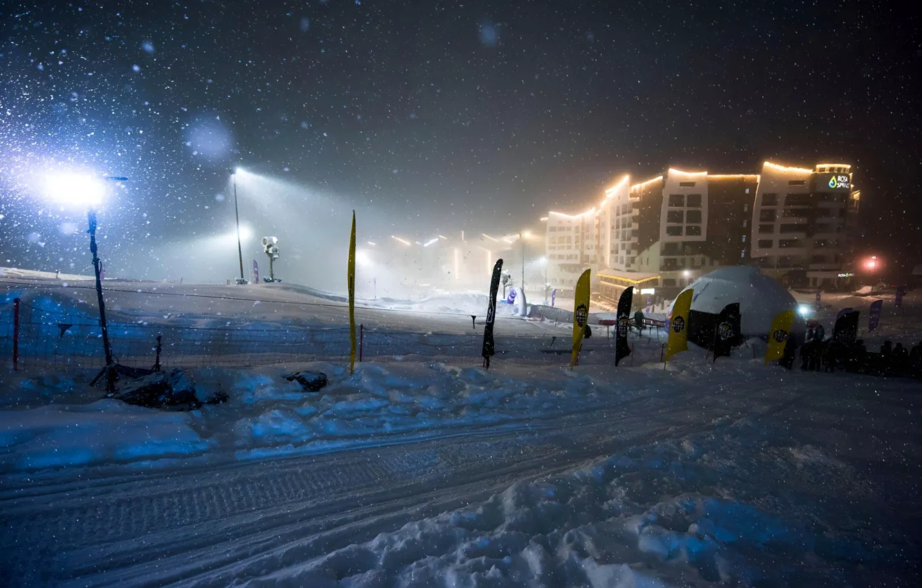 Фото обои Вечер, Снег, Snow, Evening, Сочи, Sochi, Роза Хутор, Rosa Khutor