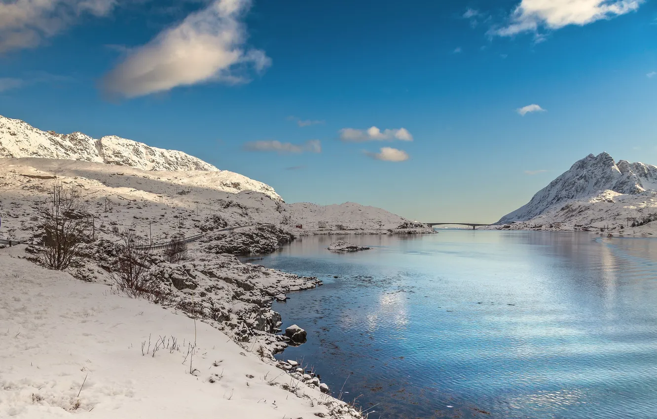 Фото обои зима, небо, снег, горы, река