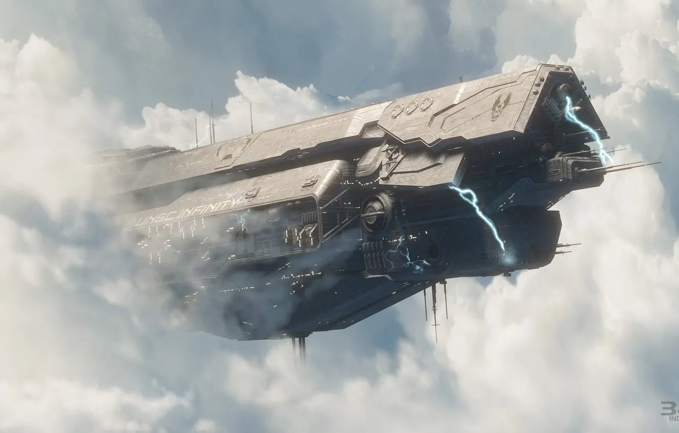 Фото обои небо, облака, Halo 4, космоческий корабль, UNSC Infinity