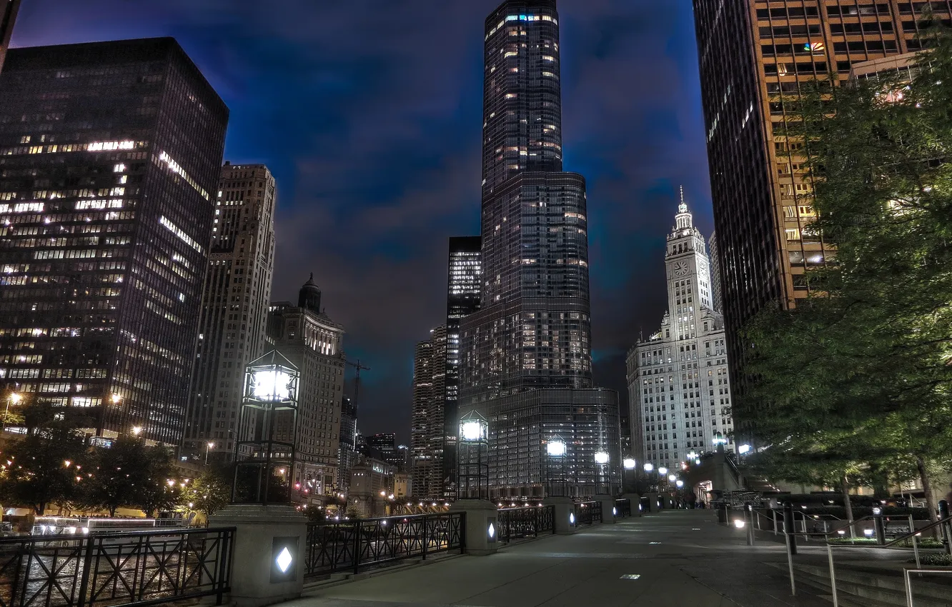 Фото обои ночь, огни, небоскребы, Чикаго, фонари, USA, америка, Chicago