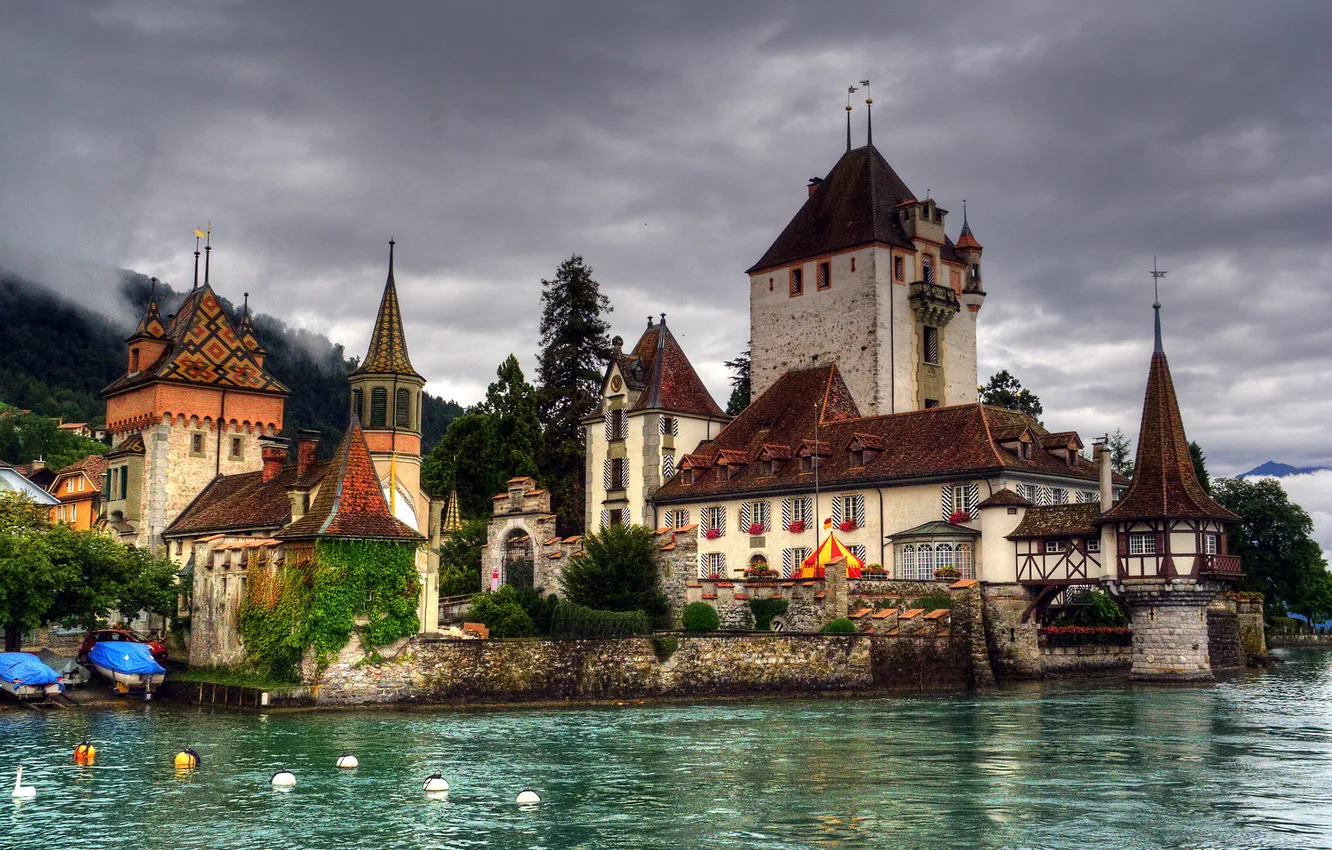 Фото обои озеро, замок, Швейцария, Castillo Oberhofen
