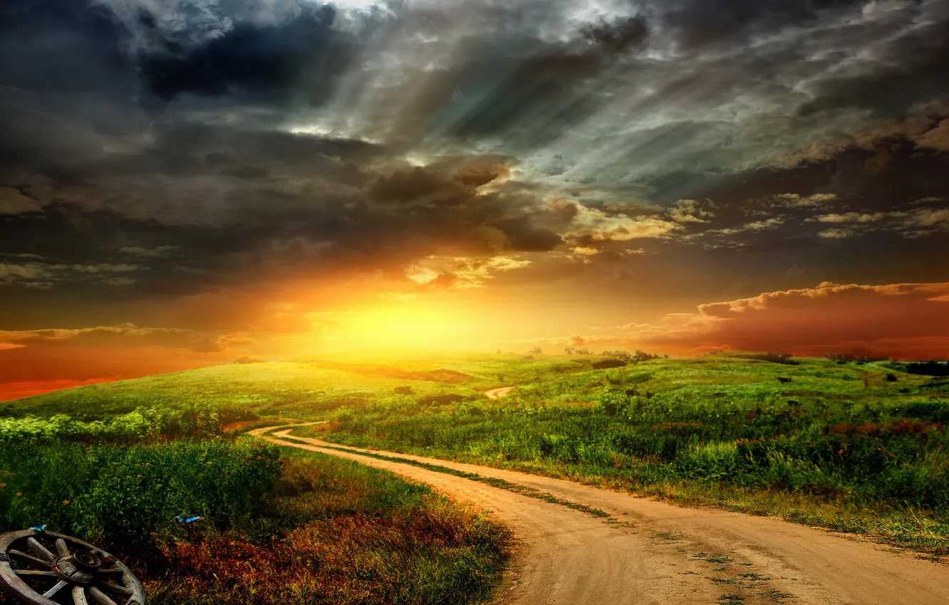 Фото обои дорога, поле, небо, закат, sky, landscape, nature, sunset